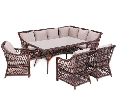 Угловой комплект мебели Пикник Корнер-8 Плюс (Picnic Corner-8+) из искусственного ротанга (цвет: кофе) (подушки: лен) - копия.